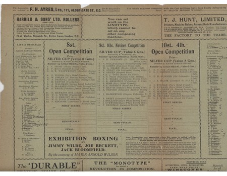 PROGRAMME OF ANNUAL BOXING COMPETITIONS 1922 (CLERKENWELL) - INCLUDING JIMMY WILDE & JOE BECKETT
