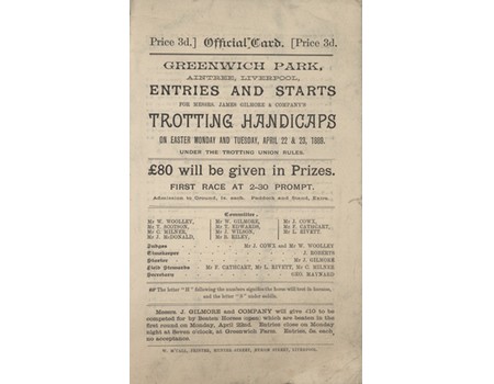 TROTTING RACES 1889 (GREENWICH PARK, AINTREE) OFFICIAL CARD