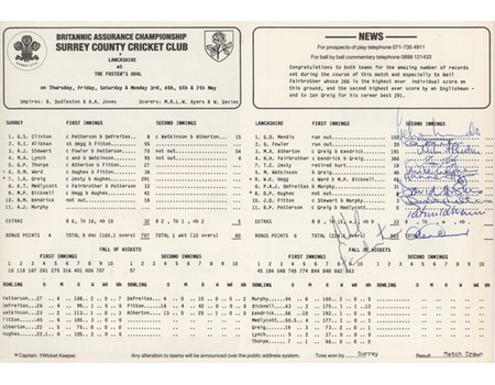 SURREY V LANCASHIRE 1990 (FAIRBROTHER 366) SIGNED CRICKET SCORECARD