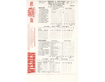 ENGLAND V WEST INDIES 1976 (OLD TRAFFORD) CRICKET SCORECARD