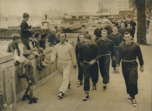 1957 Chelsea football players training on the Chelsea embankment